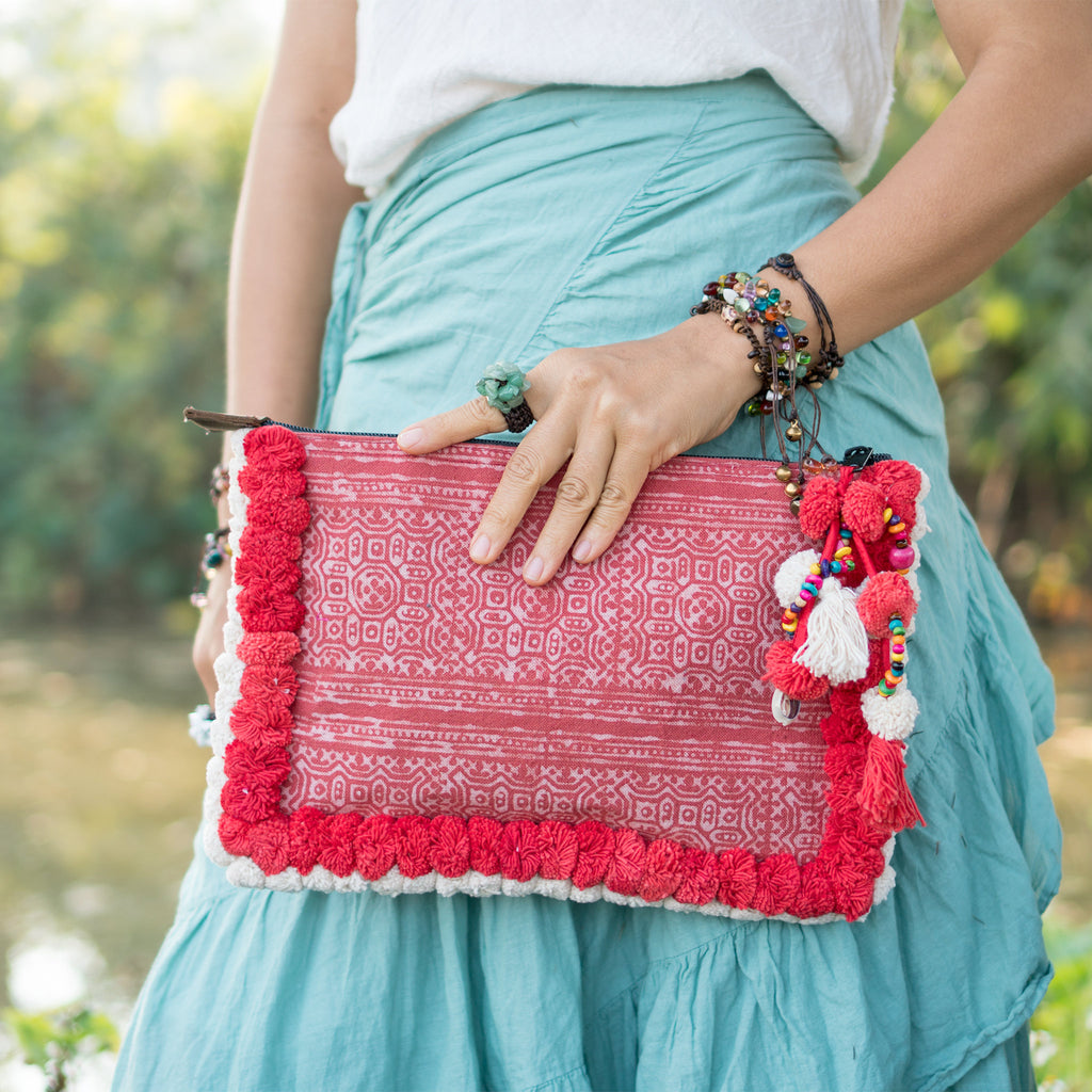 Red and white batik clutch